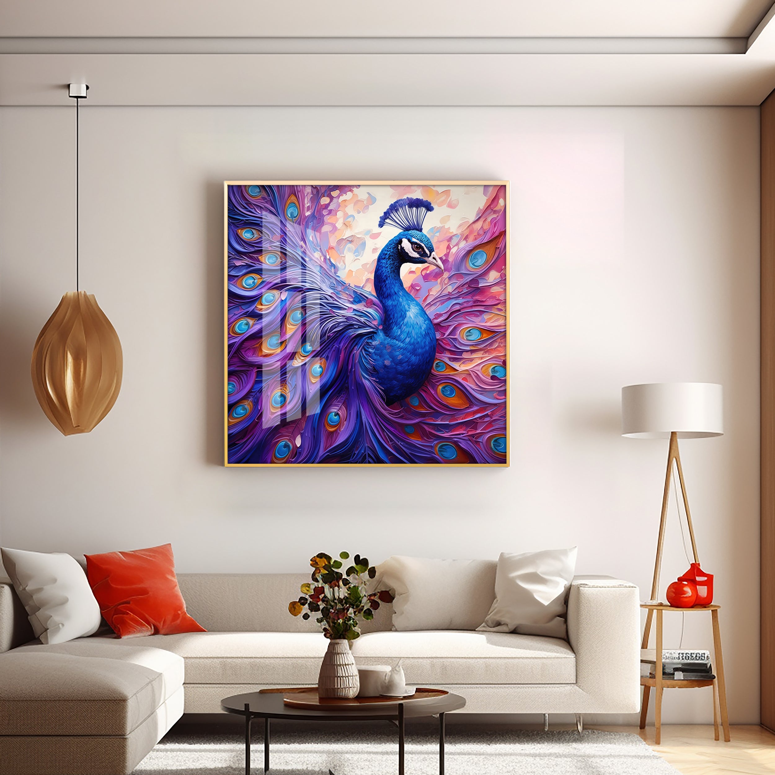 Vibrant Peacock With Feathers Premium Acrylic Square Wall Art