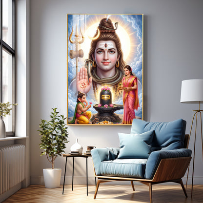 Lord Shiv Parvati ,Ganesha With Shivling Premium Acrylic Vertical Wall Art