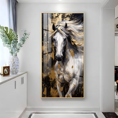 White Horse with Golden Gleam Premium Acrylic Vertical Wall Art