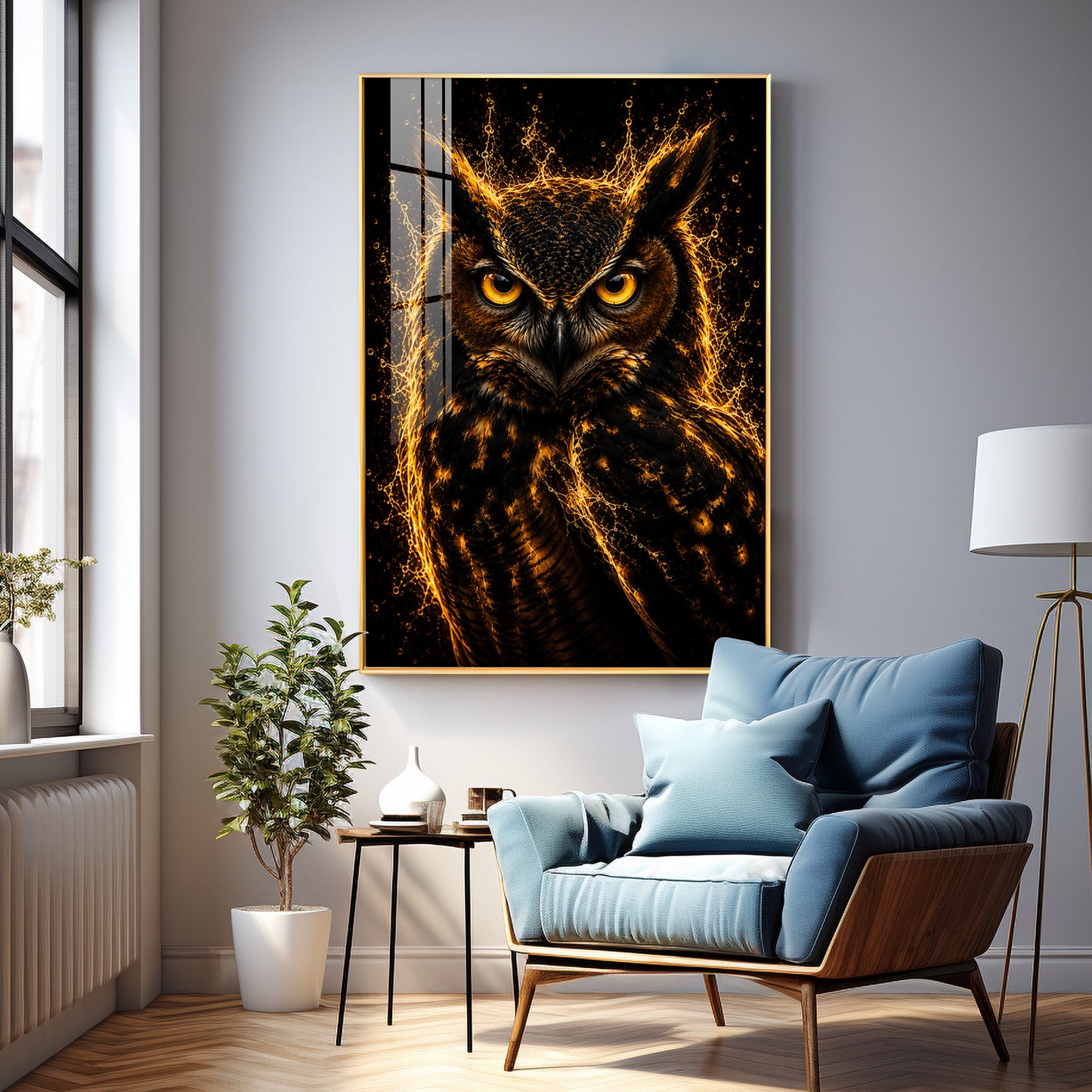 Golden Flame Owl Premium Acrylic Vertical Wall Art