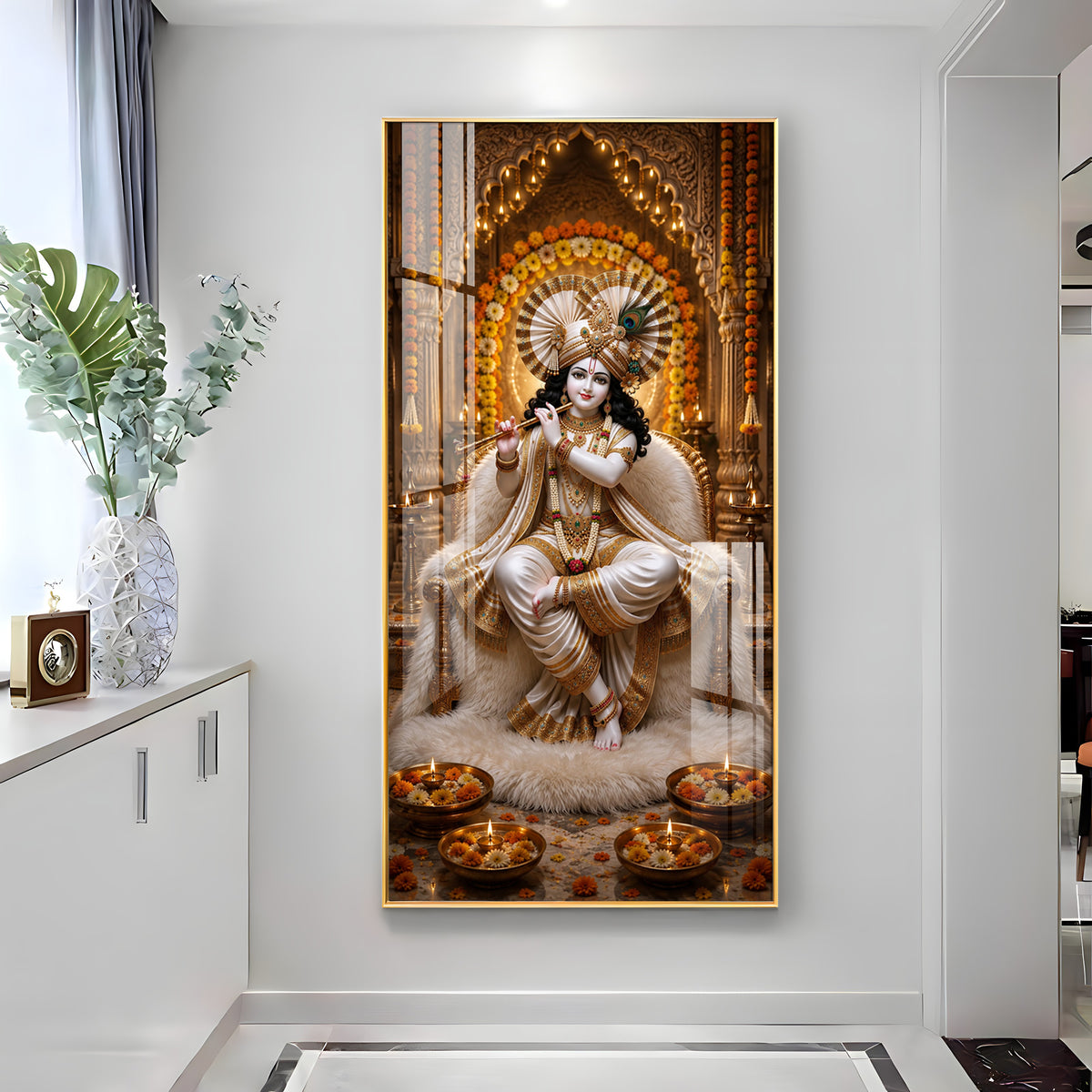Sacred Lord Krishna Flute Playing Divine Sanctuary Premium Acrylic Vertical Wall Art