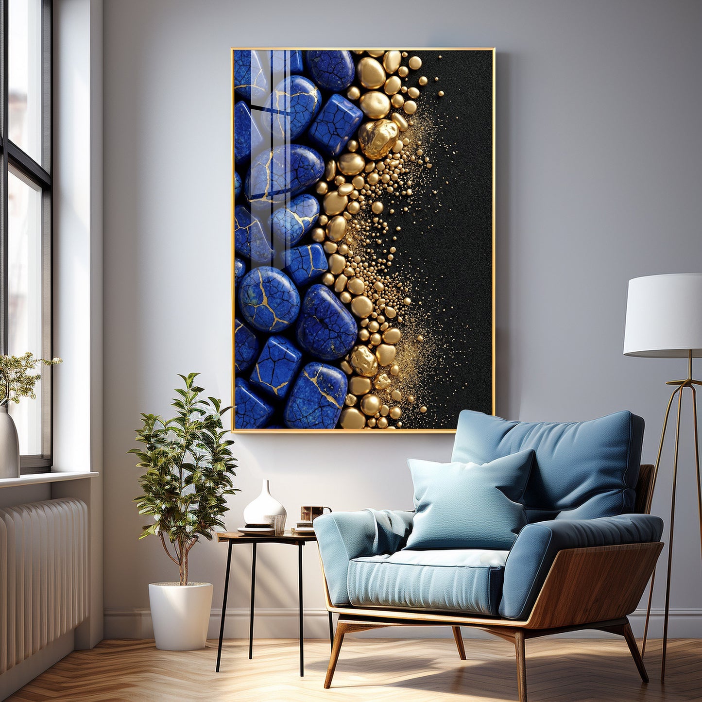 Royal Blue Stones & Gold Pebble Premium Acrylic Vertical Wall Art