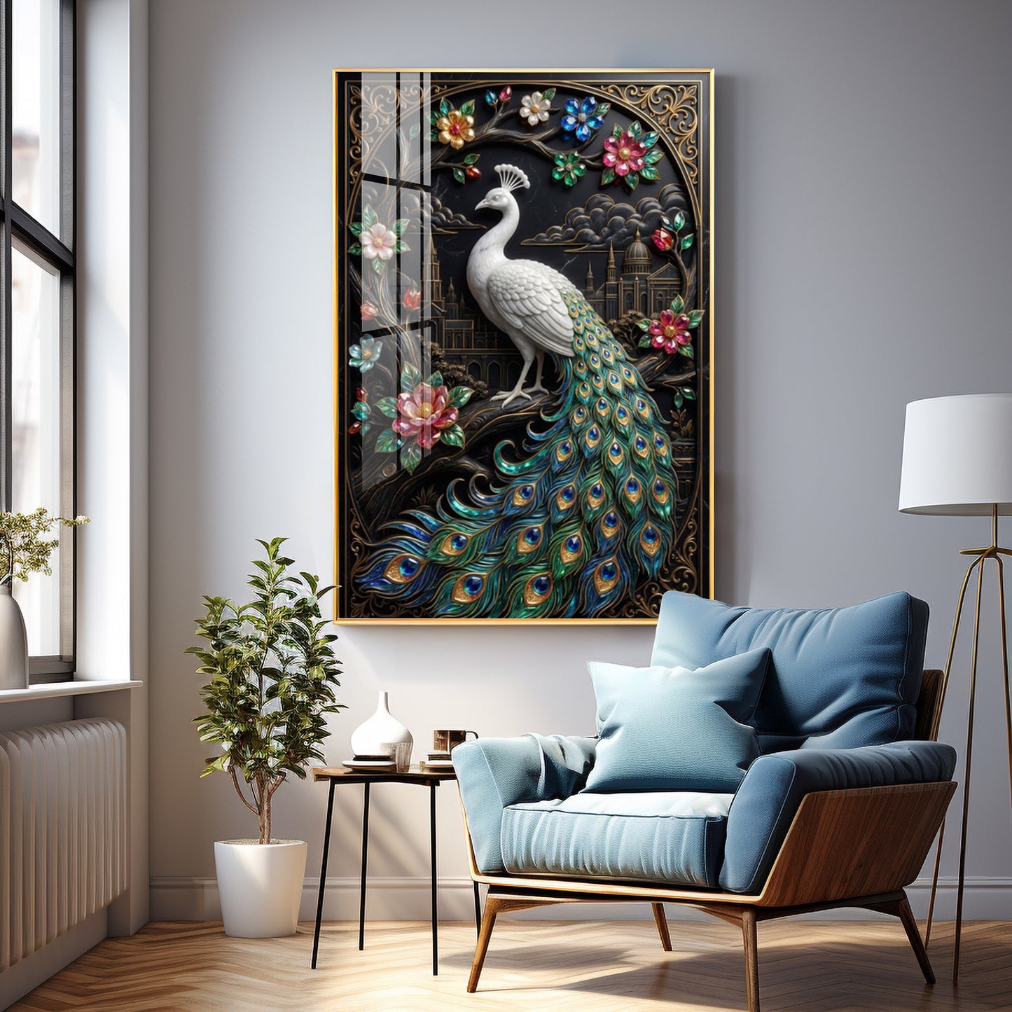 Peacock With Flowers Premium Acrylic Vertical Wall Art
