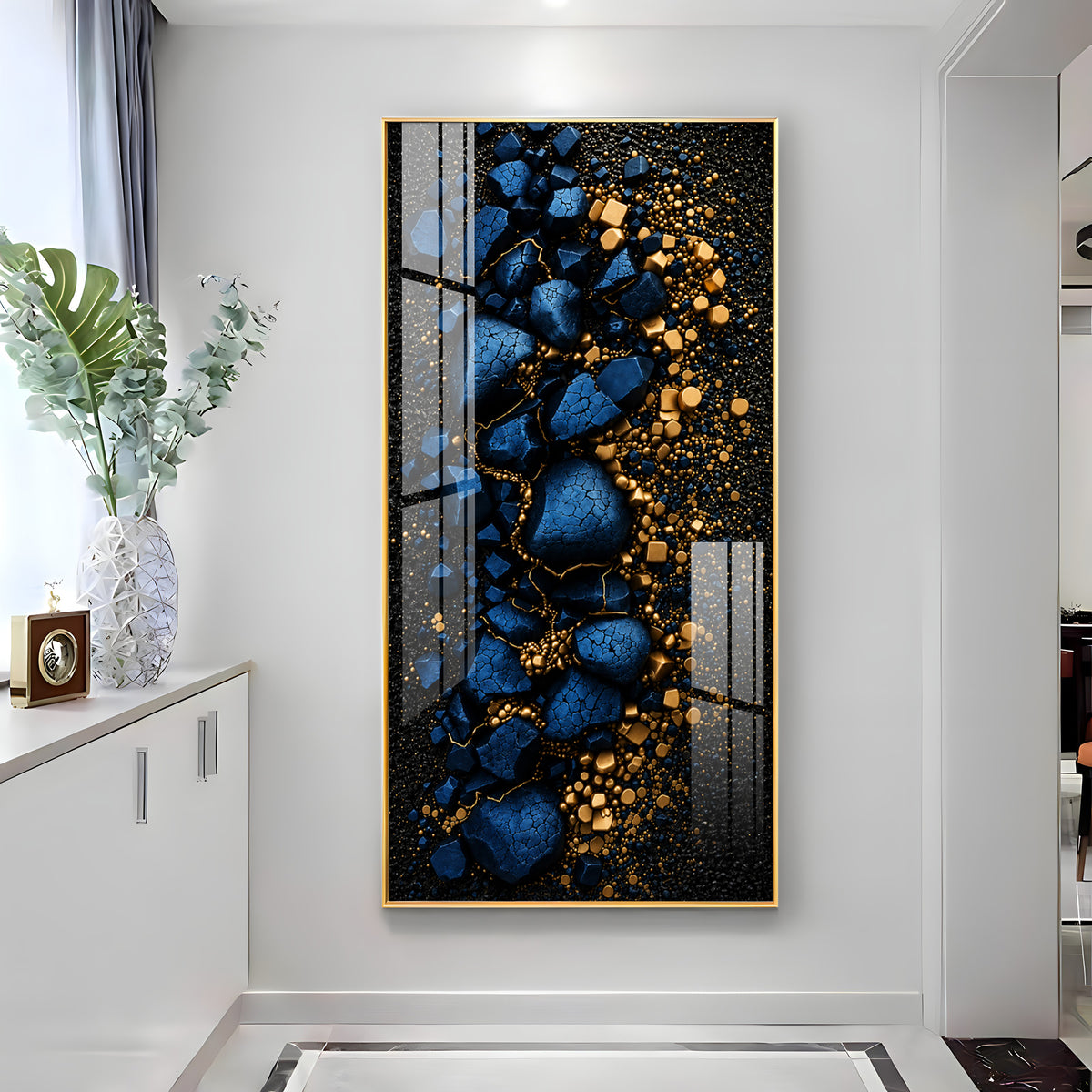 Deep Blue Cracked Rock with Gold Dust Premium Acrylic Vertical Wall Art