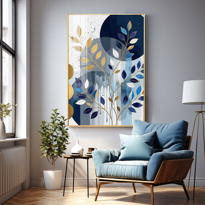 Colourfull Leaves Against Blue & Gold Circles Premium Acrylic Vertical Wall Art