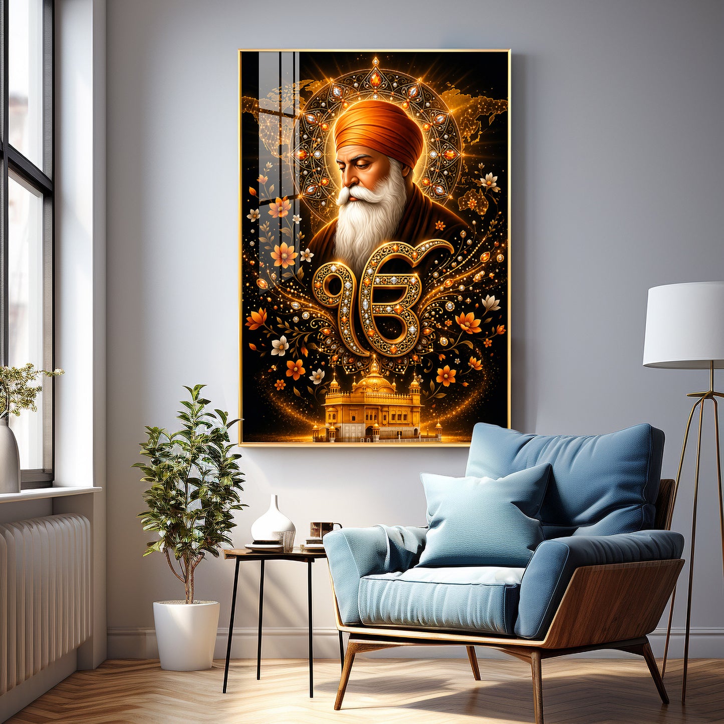 Guru Nanak Dev With Ik Onkar Symbol Premium Acrylic Vertical Wall Art