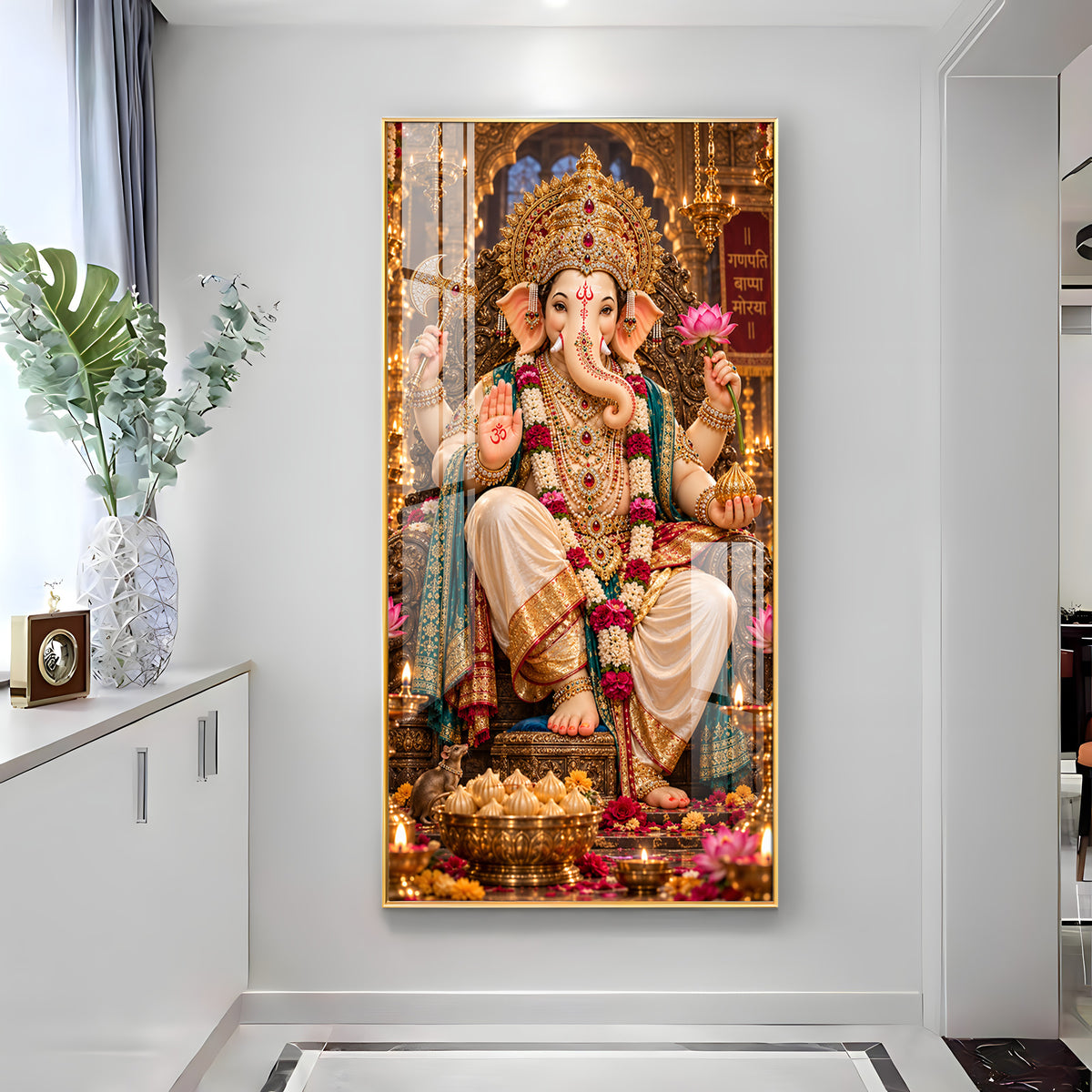 Ganpati Bappa Morya Golden Throne Premium Acrylic Vertical Wall Art