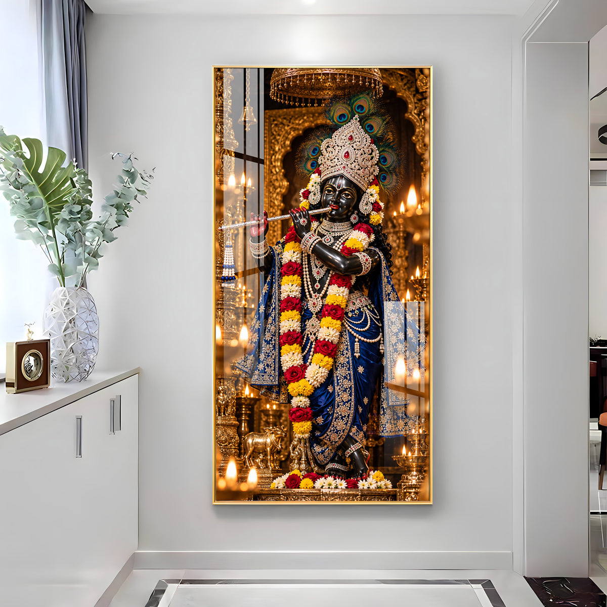 Krishna with Flute in Sanctuary Premium Acrylic Vertical Wall Art
