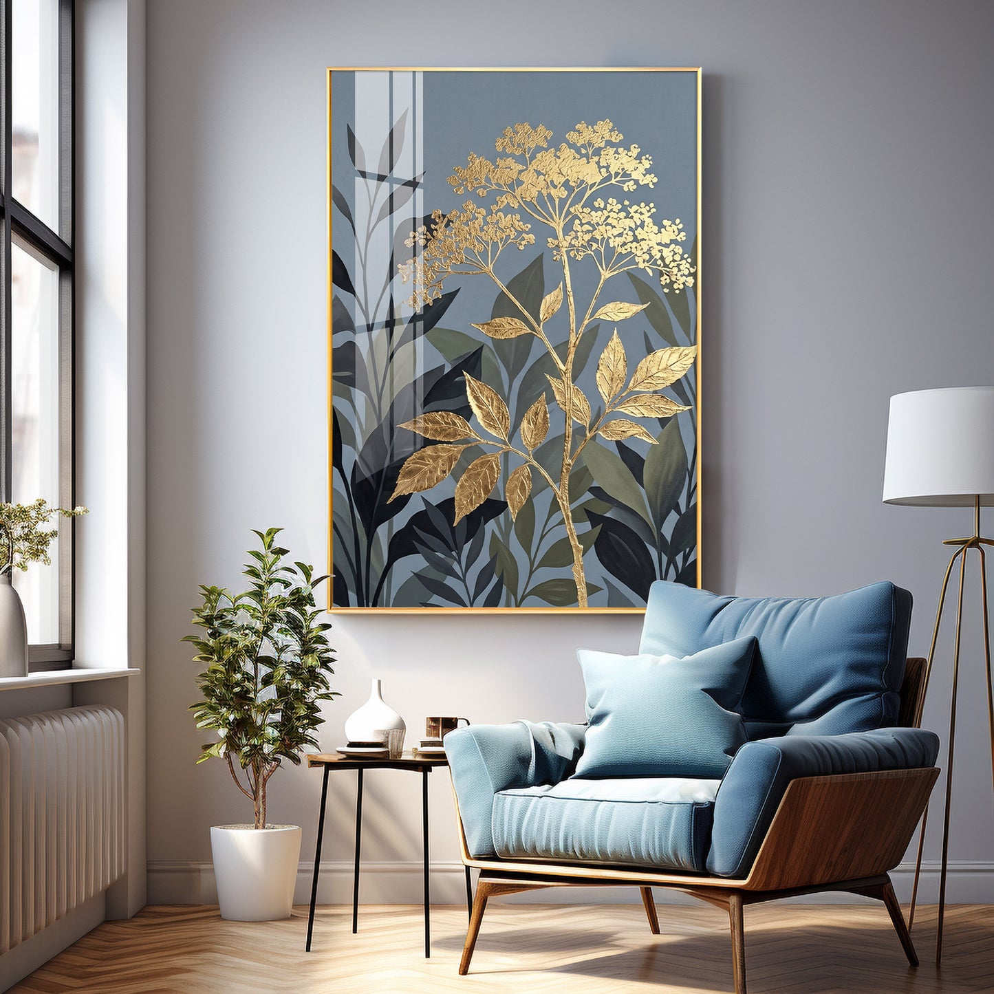 Republic Midnight Blue Botanical Leaves Premium Acrylic Vertical Wall Art