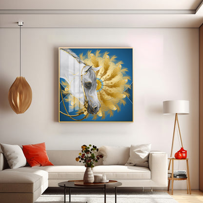 White Horse With Golden chakra Premium Acrylic Square Wall Art