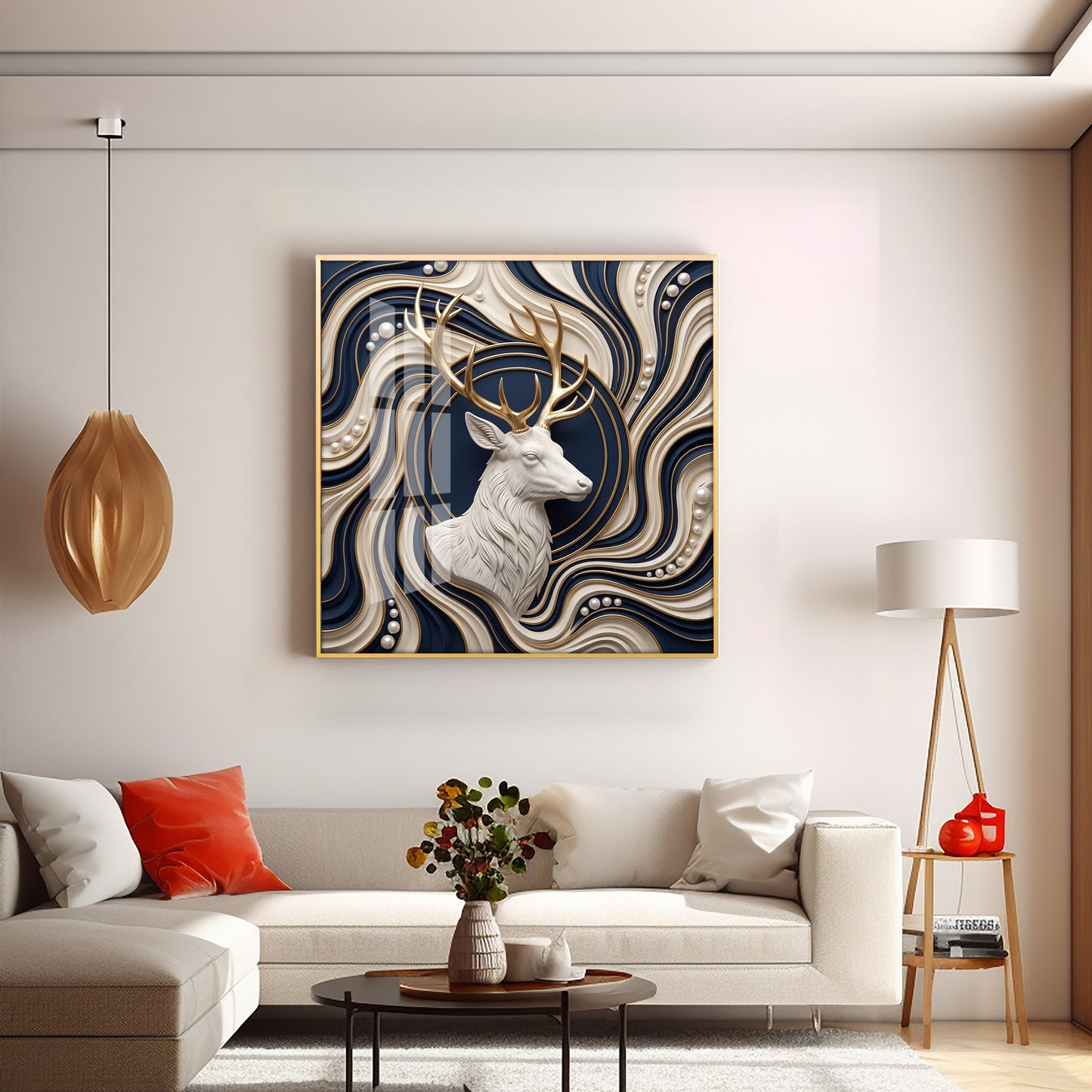 White Stag With Golden Antlers Luxury 3D Premium Acrylic Sqaure Wall Art