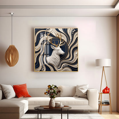 White Stag With Golden Antlers Luxury 3D Premium Acrylic Sqaure Wall Art