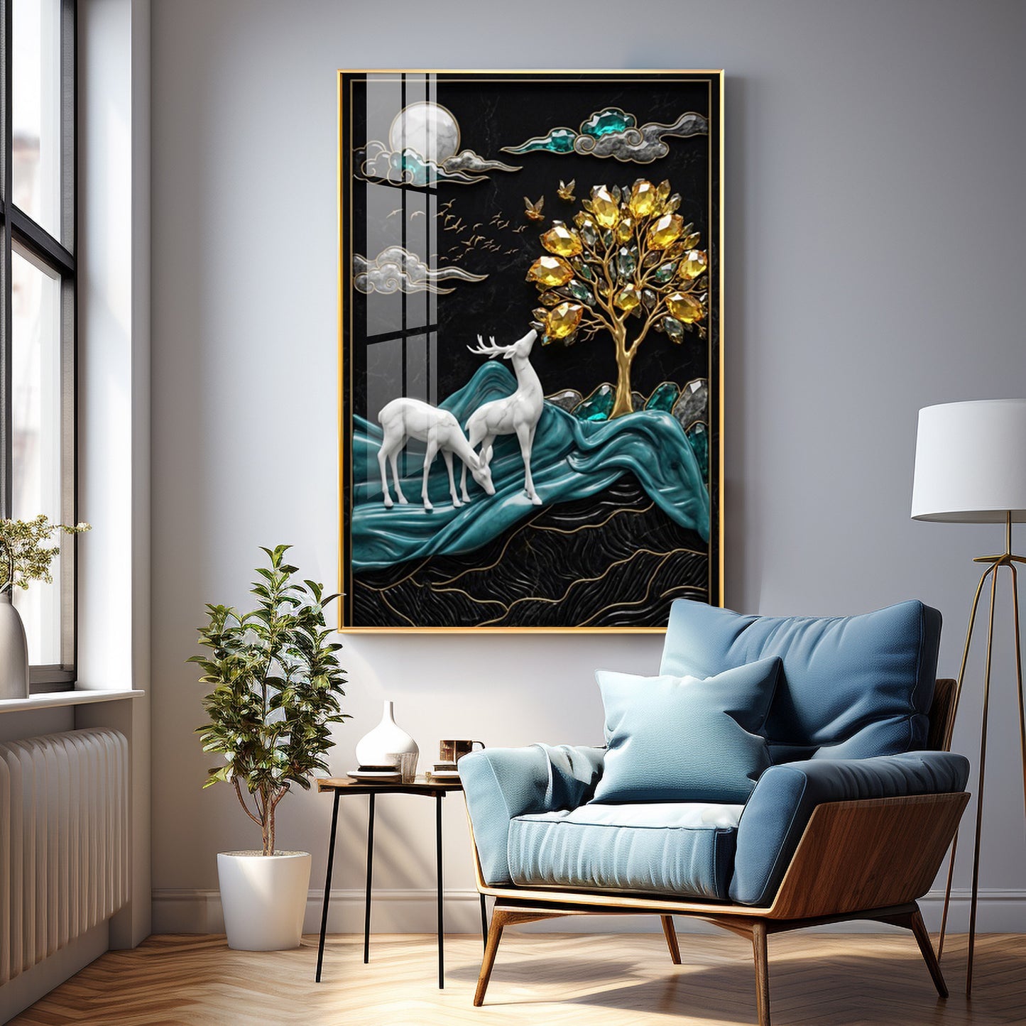 White Deers With Golden Tree Premium Acrylic Vertical Wall Art