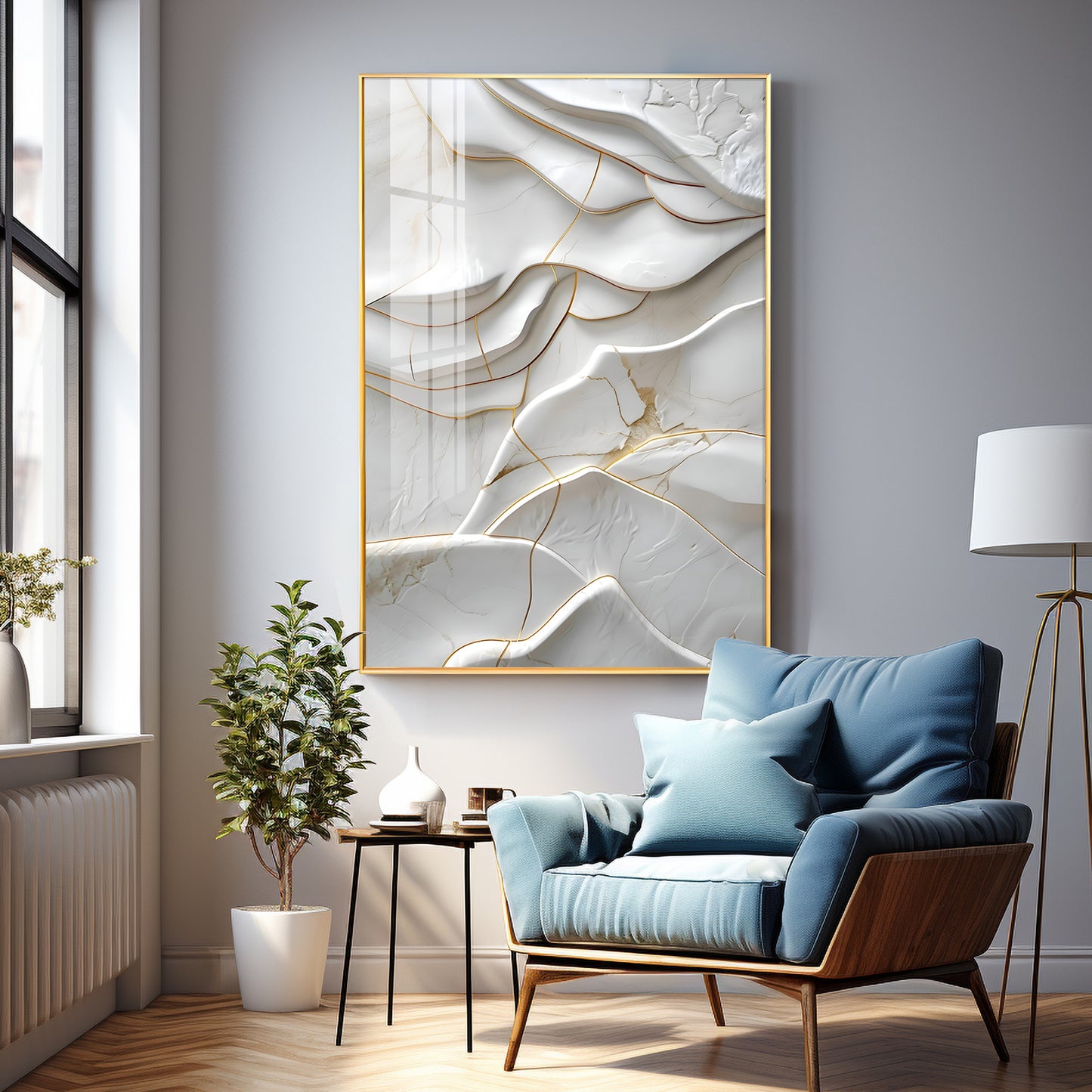 Golden Threaded White Surface Premium Acrylic Vertical Wall Art