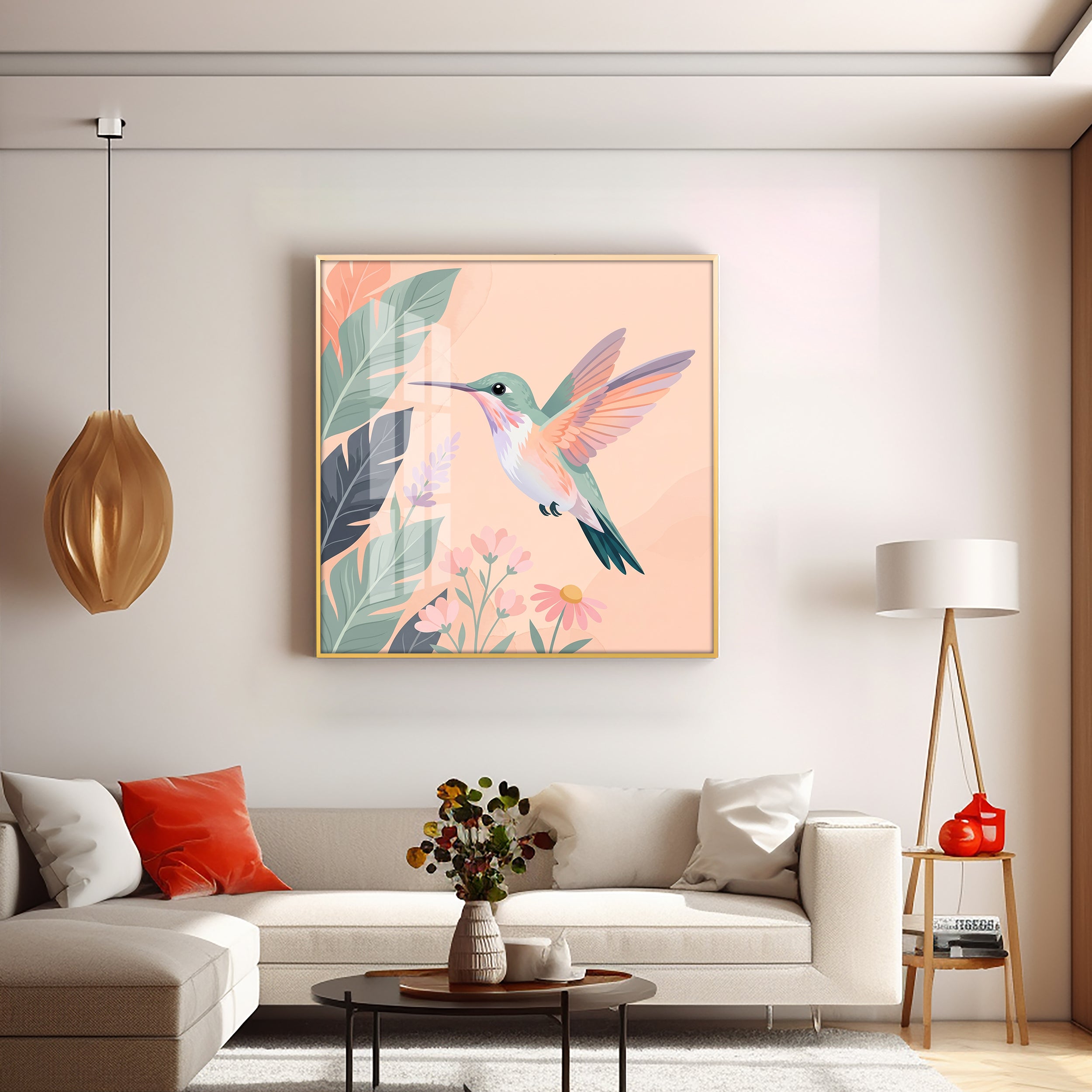Hummingbird In Flight & Flowers Premium Acrylic Square Wall Art