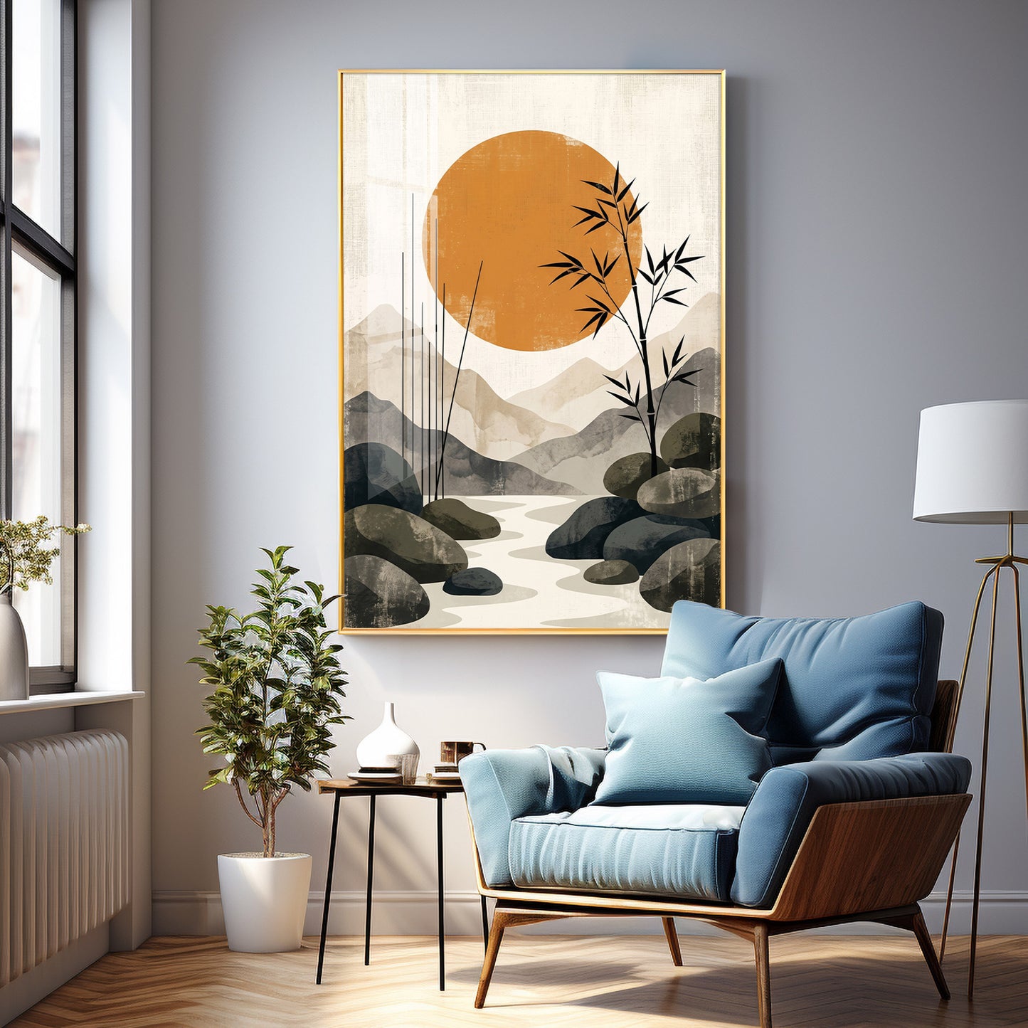 Colored Sun & Bamboo Branches Premium Acrylic Vertical Wall Art