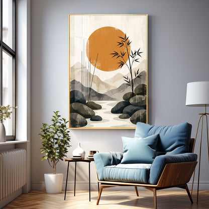 Colored Sun & Bamboo Branches Premium Acrylic Vertical Wall Art