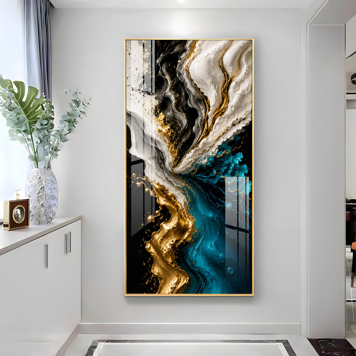Abstract Fluid Liquid Marble & Gold Splash Premium Acrylic Vertical Wall Art