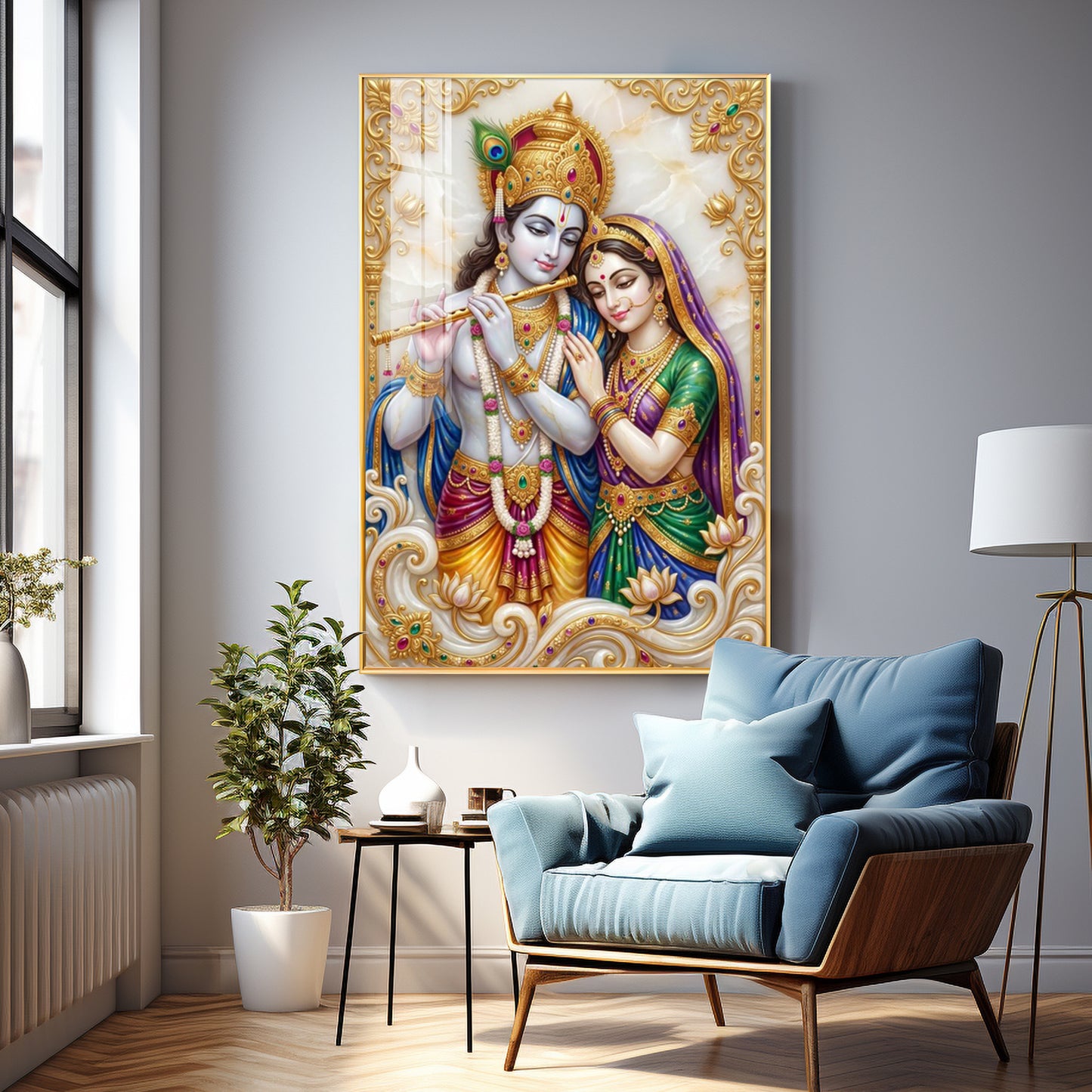 Hindu Deitie Krishna With Radha Premium Acrylic Vertical Wall Art
