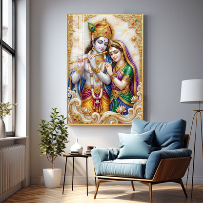 Hindu Deitie Krishna With Radha Premium Acrylic Vertical Wall Art