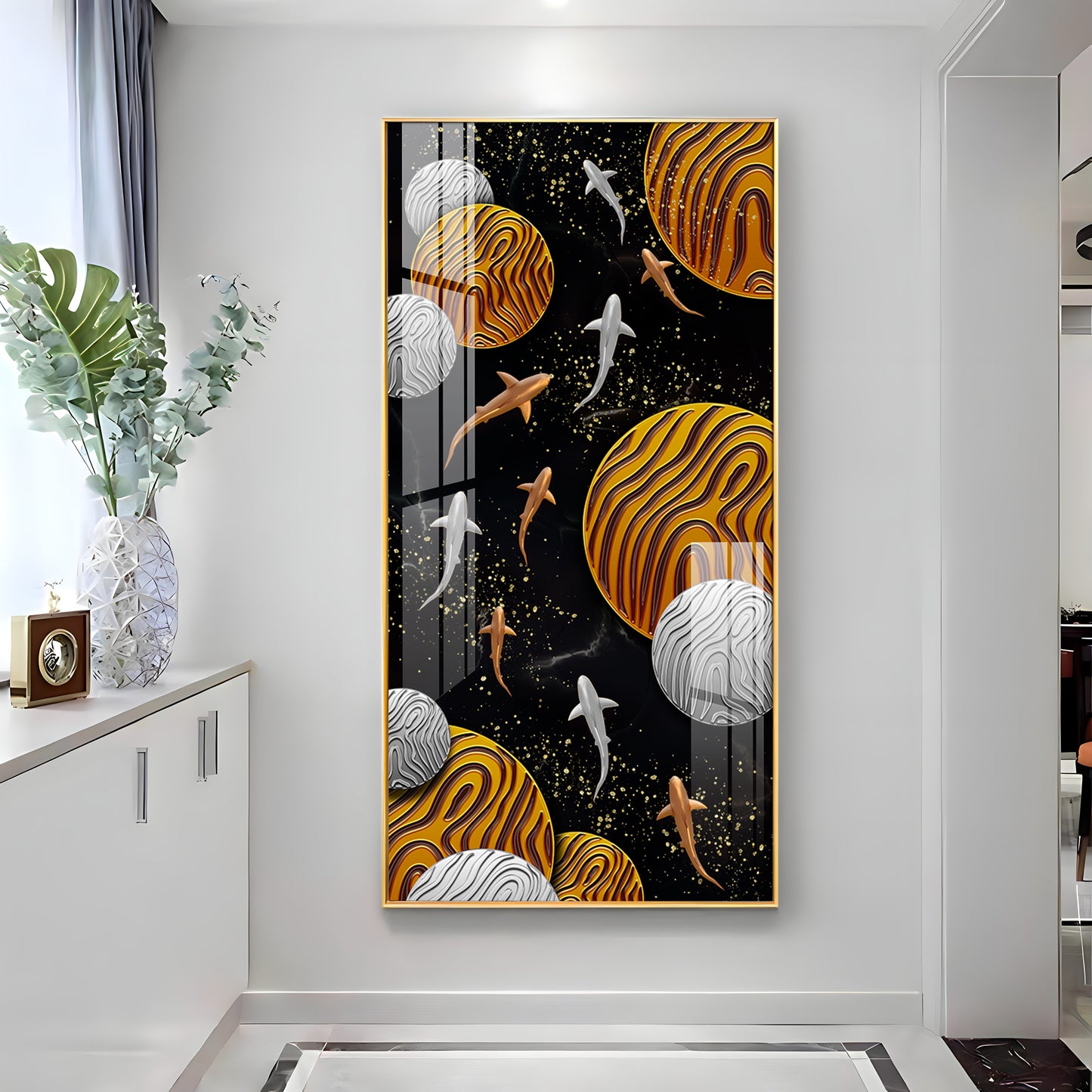 Circular Shapes With Fish Premium Acrylic Vertical Wall Art