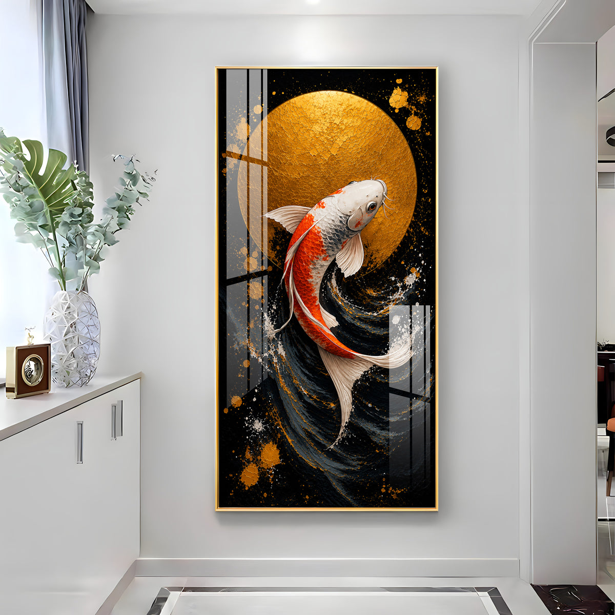 Golden Moon & Swimming Koi Fish Premium Acrylic Vertical Wall Art