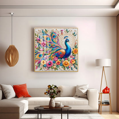 Vibrant Peacock Floral Premium Acrylic Square Wall Art