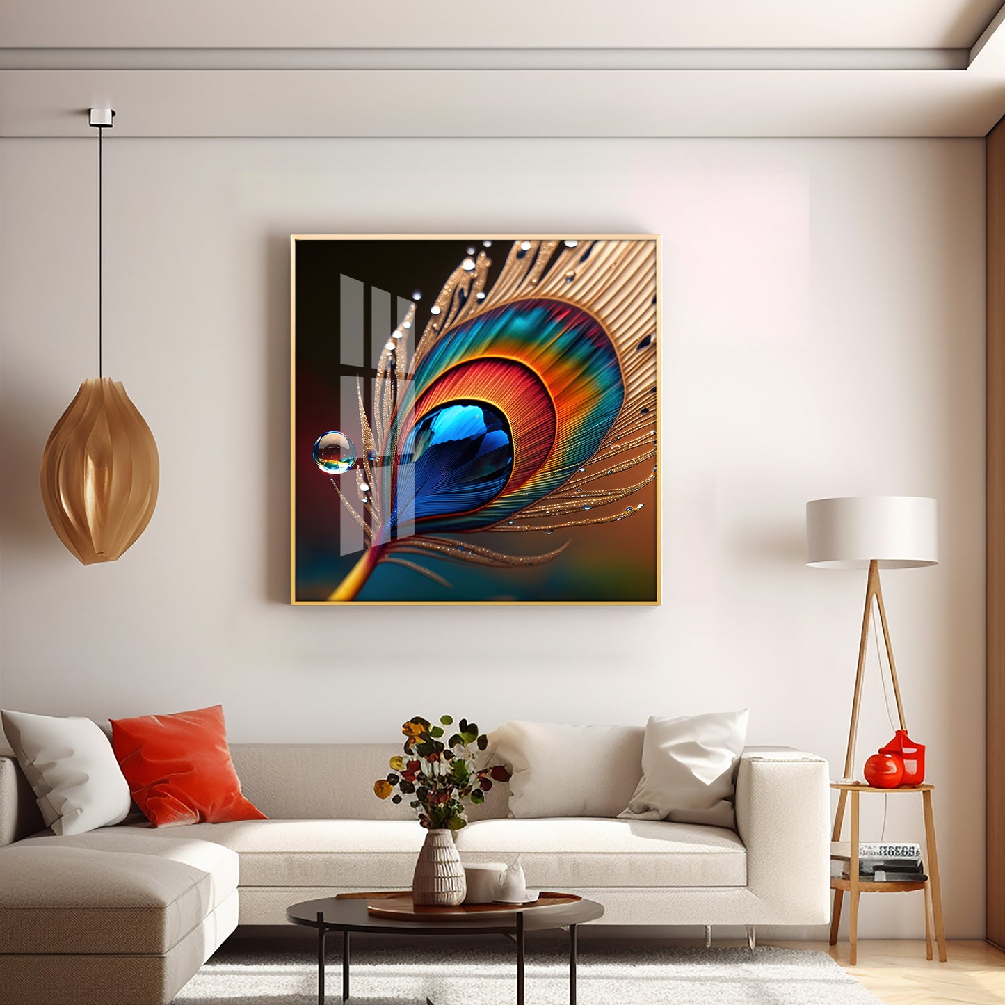 Vibrant Color Peacock Feather Premium Square Vertical Wall Art
