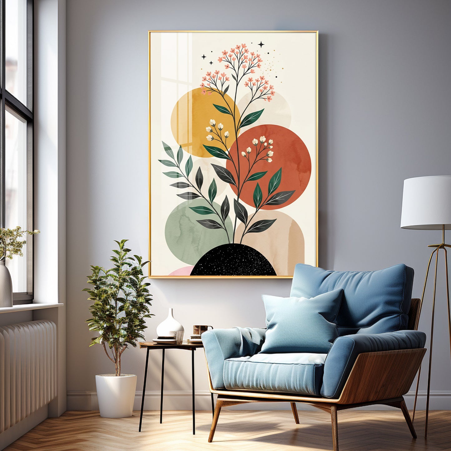 Floral Against Muted Circular Shapes Premium Acrylic Vertical Wall Art