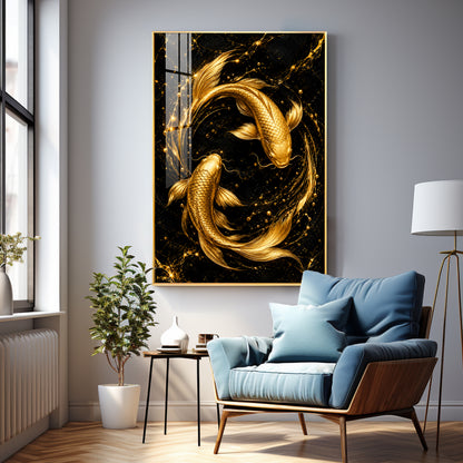 Two Luminous Golden Koi Premium Acrylic Vertical Wall Art