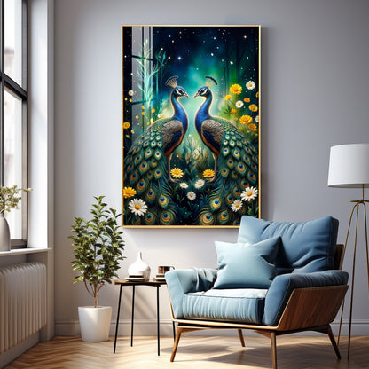 Two Peacocks With Flowers Premium Acrylic Vertical Wall Art