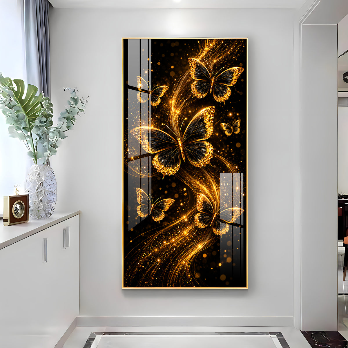 Elegant Golden Sparkle Butterflies Premium Acrylic Vertical Wall Art