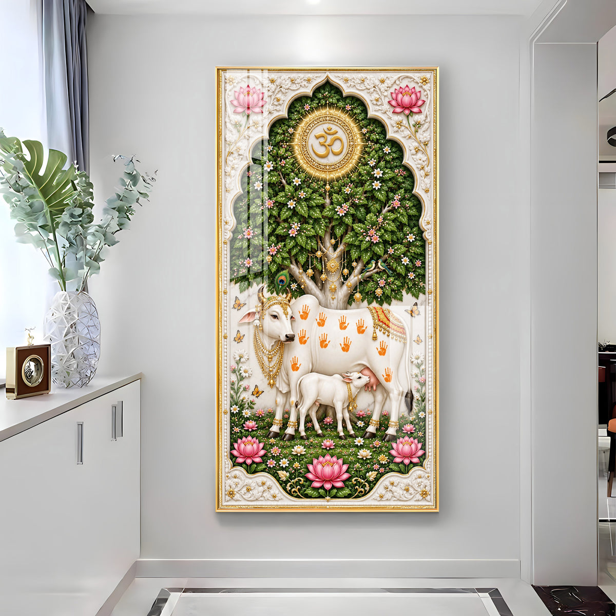 Kamdhenu Cow With Calf Premium Acrylic Vertical Wall Art