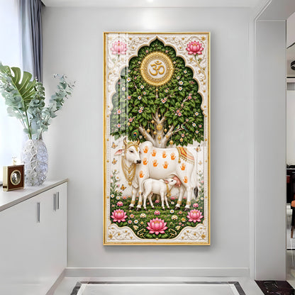 Kamdhenu Cow With Calf Premium Acrylic Vertical Wall Art