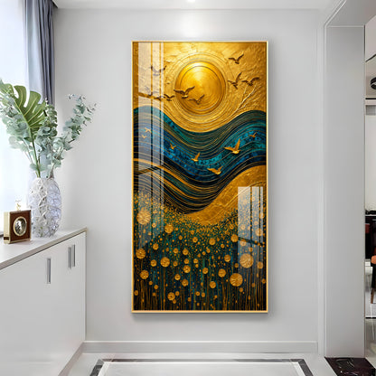Majestic Golden Sun & Flying Birds Landscape Premium Acrylic Vertical Wall Art