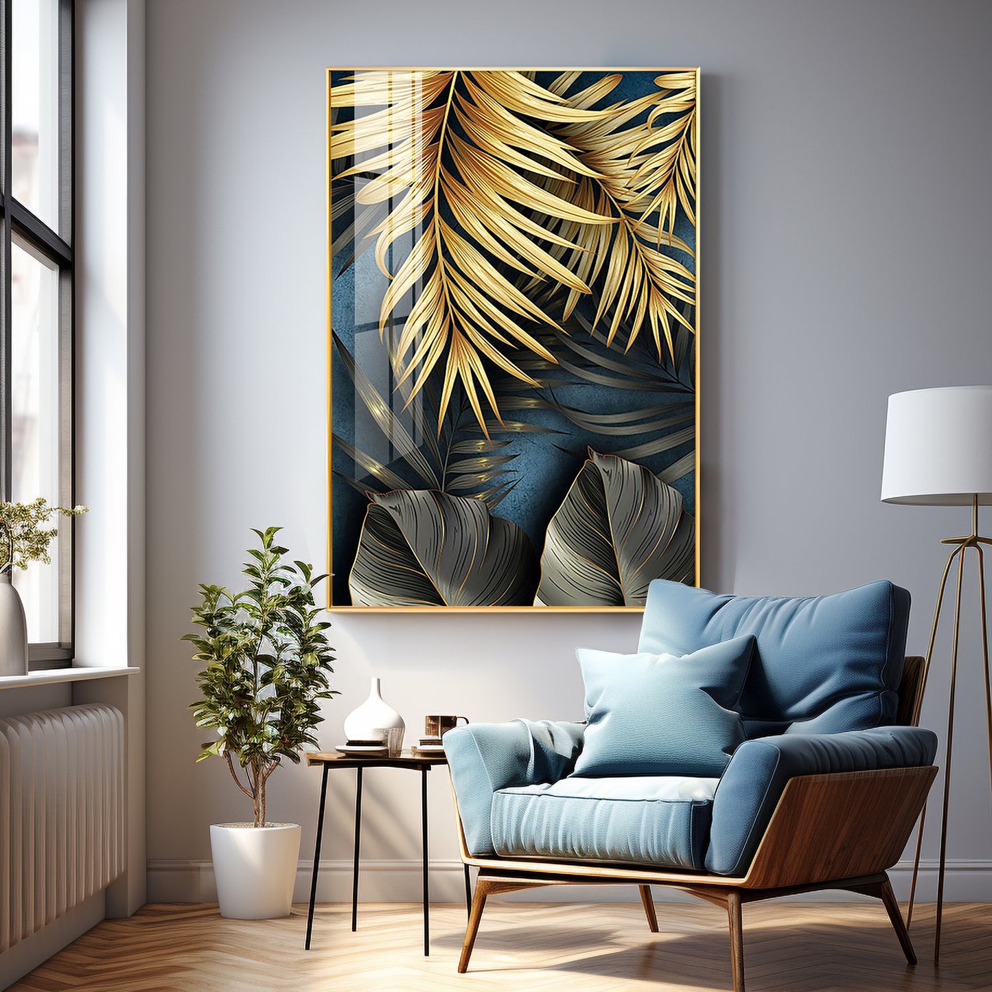 Tropical Golden Leafs Premium Acrylic Vertical Wall Art