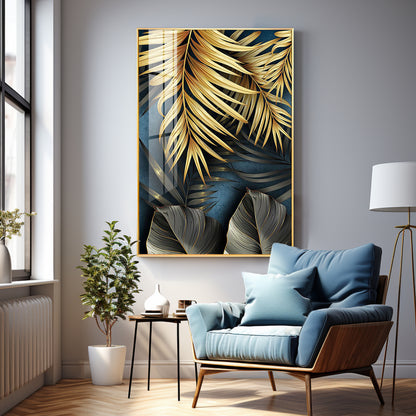 Tropical Golden Leafs Premium Acrylic Vertical Wall Art