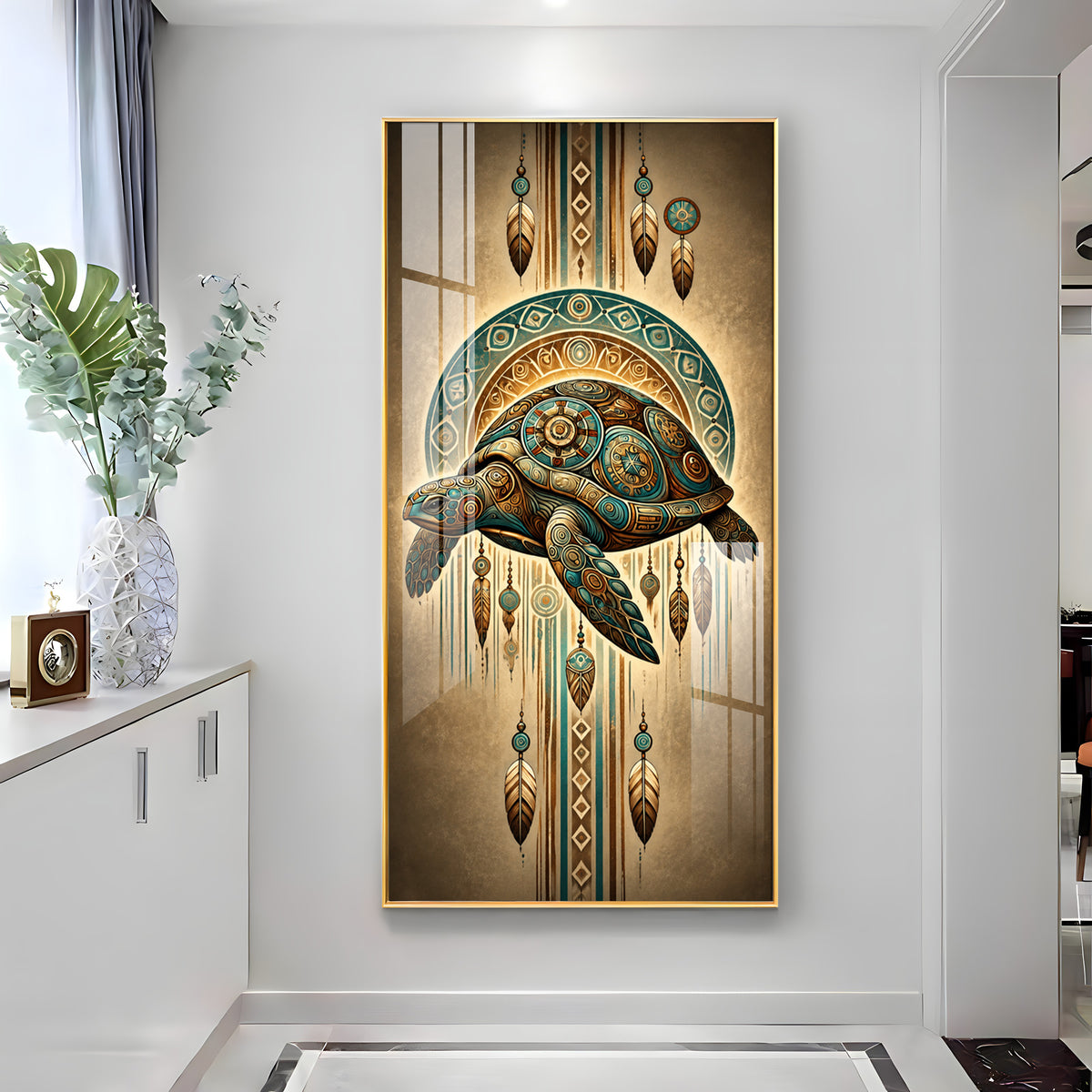 Tribal Patterned Sea Turtle & Feathers Premium Acrylic Vertical Wall Art