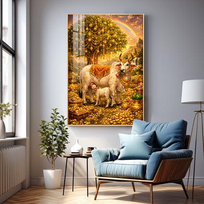 Golden Kamadhenu Wish-Fulfilling Cow Premium Acrylic Vertical Wall Art