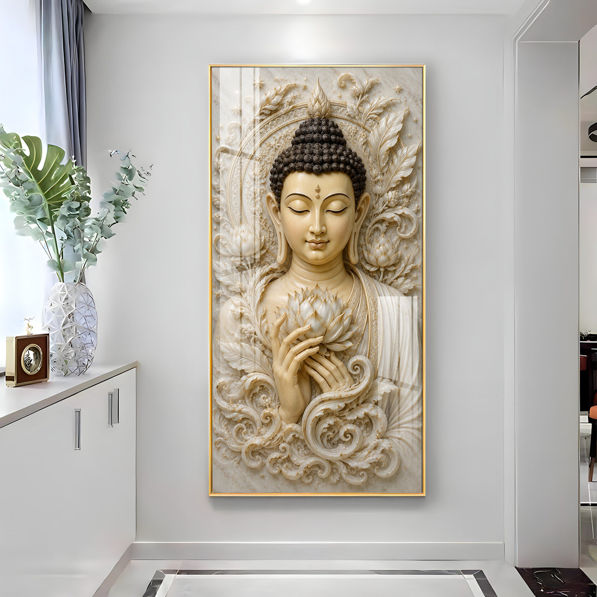 Serene Buddha White Lotus Premium Acrylic Vertical Wall Art