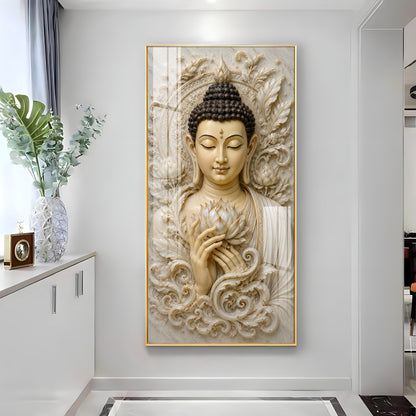 Serene Buddha White Lotus Premium Acrylic Vertical Wall Art