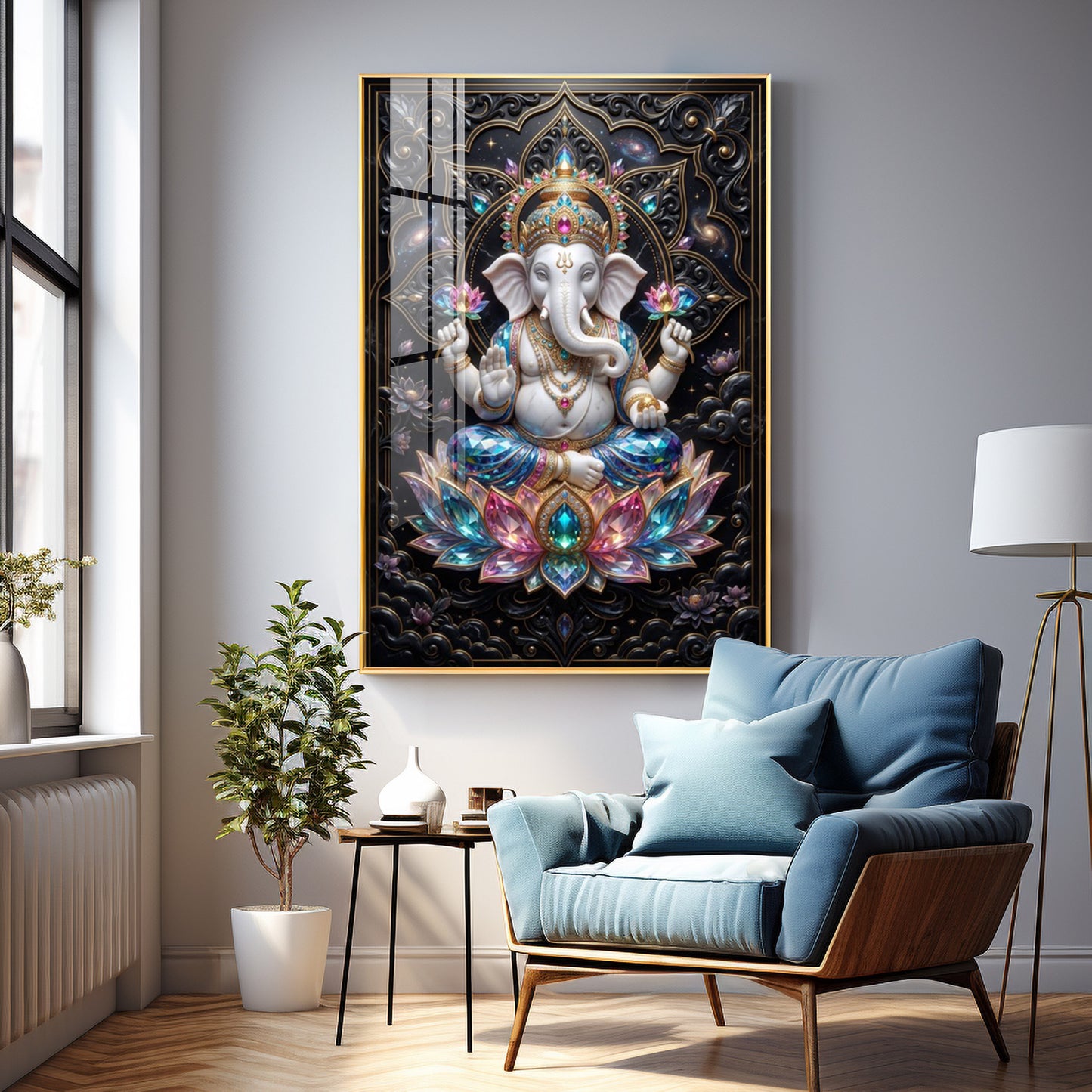 Lord Ganesha Seated On A Lotus Throne Premium Acrylic Vertical Wall Art