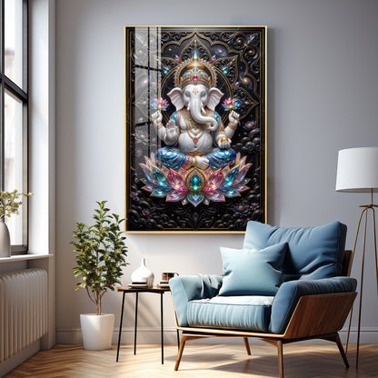 Lord Ganesha Seated On A Lotus Throne Premium Acrylic Vertical Wall Art