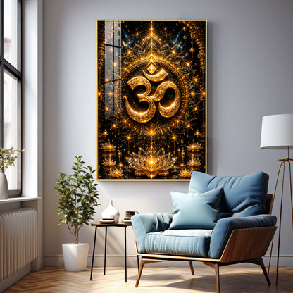 Golden Om Symbol Premium Acrylic Vertical Wall Art