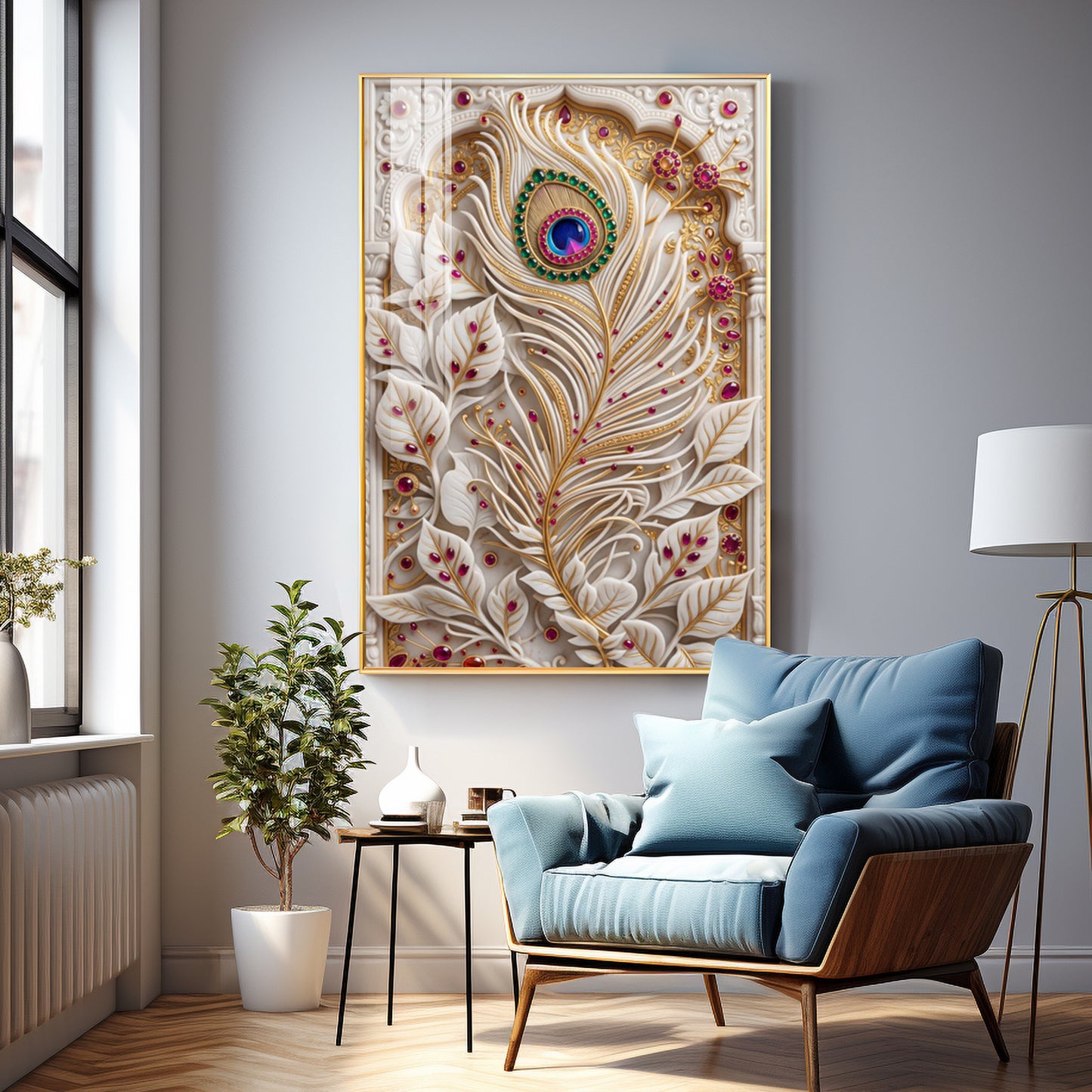 White Peacock Feather Premium Acrylic Vertical Wall Art