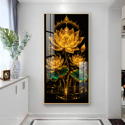 Sacred Golden Lotus Bloom Premium Acrylic Vertical Wall Art