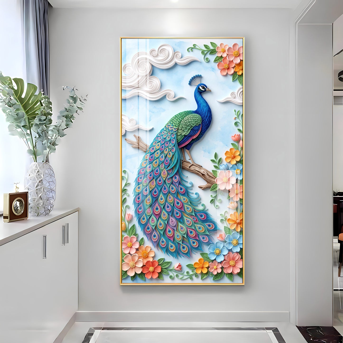 Elegant Pastel Floral Quilling Style Peacock Premium Acrylic Vertical Wall Art