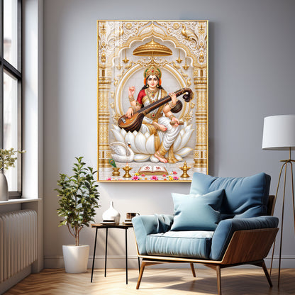 Divine Saraswati Devi Premium Acrylic Vertical Wall Art