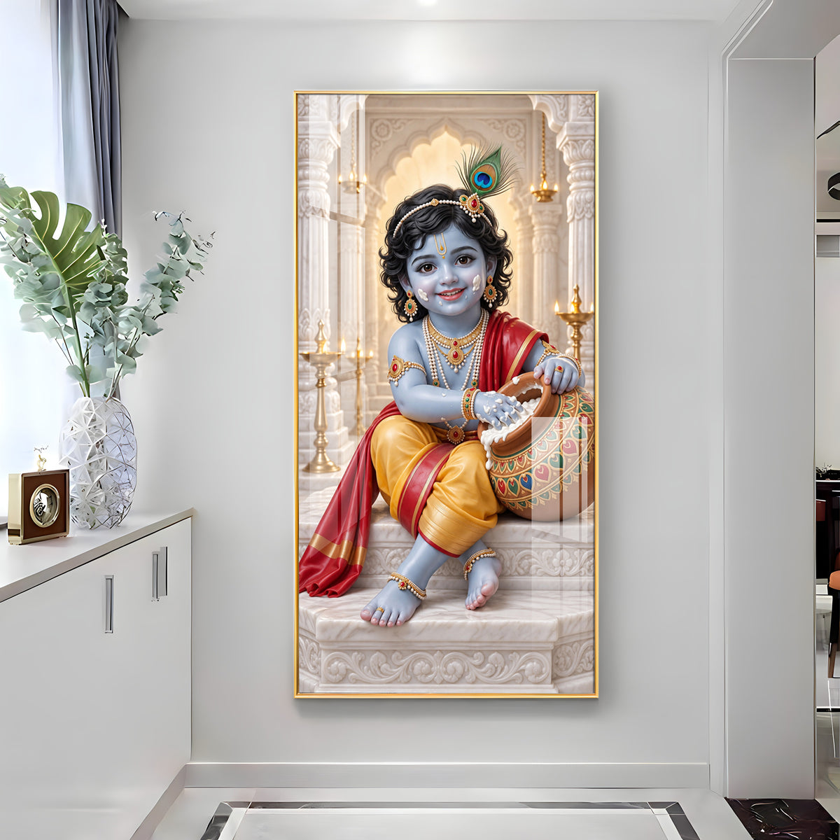 Little Krishna With Makhan Matki Premium Acrylic Vertical Wall Art