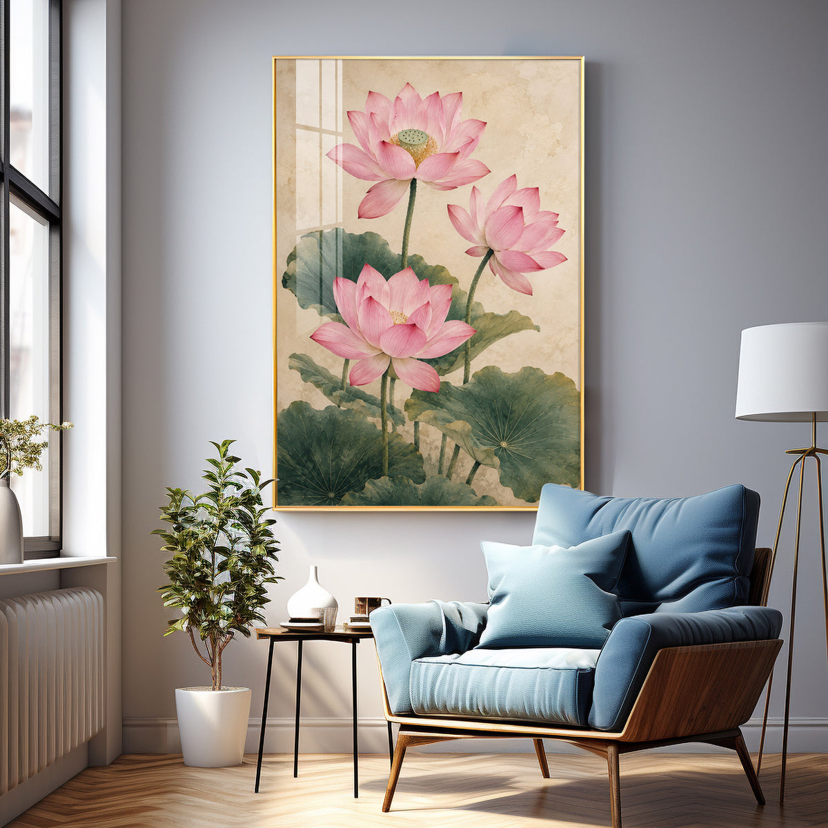 Elegant Vintage Botanical Pink Lotus Premium Acrylic Vertical Wall Art